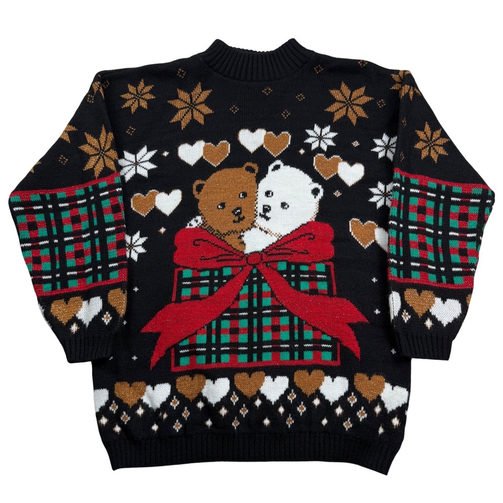 Vintage Dana Scott Bear Gift Box Christmas Sweater Black Gold Lurex Large USA
